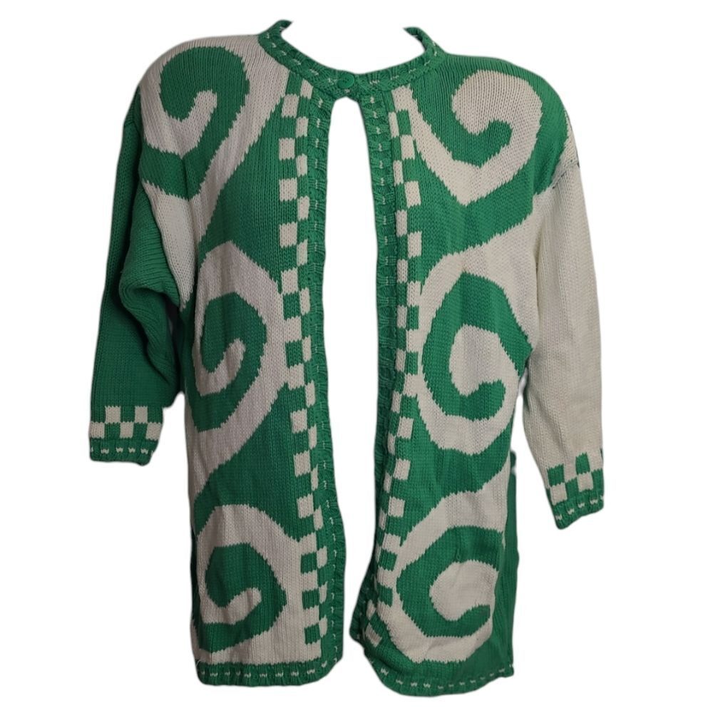 VINTAGE‎ 90s green and white abstract swirl long one button cardigan sweater S
